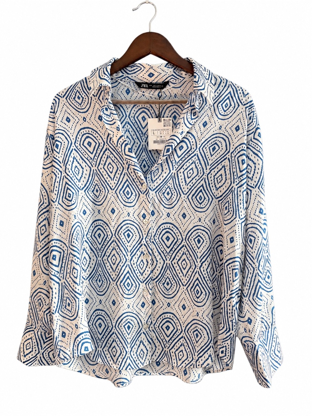 NWT Zara Satin Finish Printed Shirt Blue White Geometric Button Up Women's L